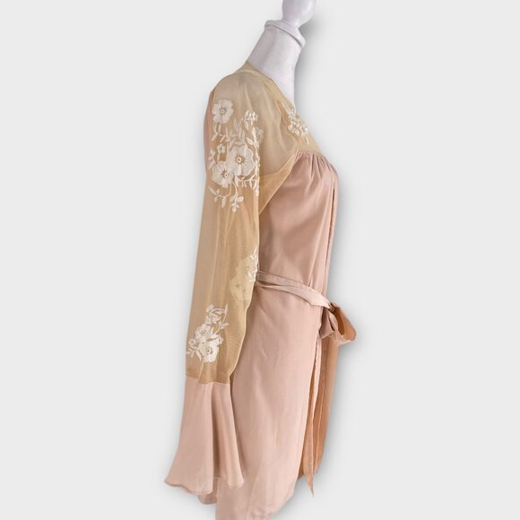 Robed with Love Hildy Robe Pink Floral Embroidered Sheer Illusion Bell Sleeves - Picture 9 of 14